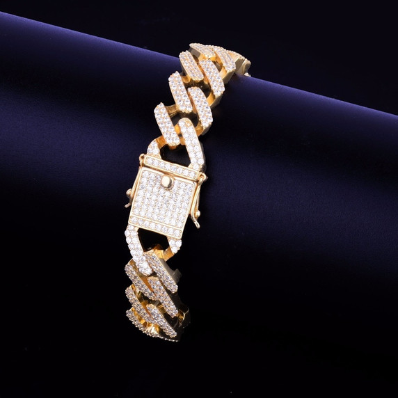 Micro Pave 14mm Square Link Miami Cuban Bracelet 14k Gold Silver