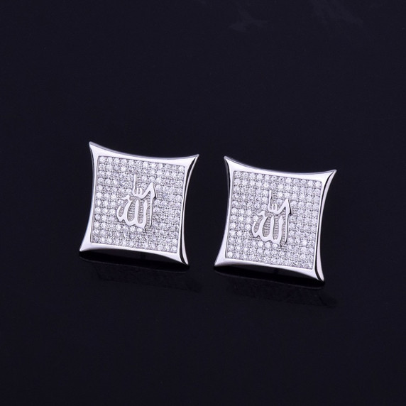 Micro Pave Spiritual Iced Allah 14k Gold Silver Arabic Letters Hip Hop Earrings 