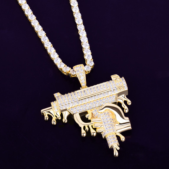 18k Rose Gold .925 Silver Hand Holding Dripping Uzi Machine Gun Hip Hop Micro Pave Pendant