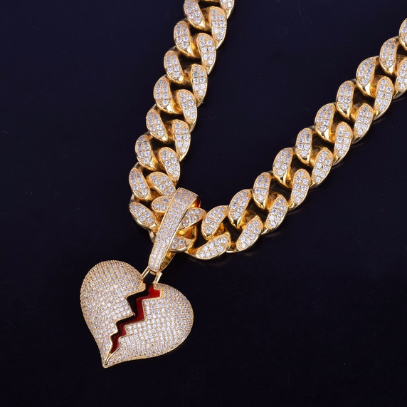 20MM Cuban Link 24k Gold Silver Broken Heart Pendant Hip Hop Chain 