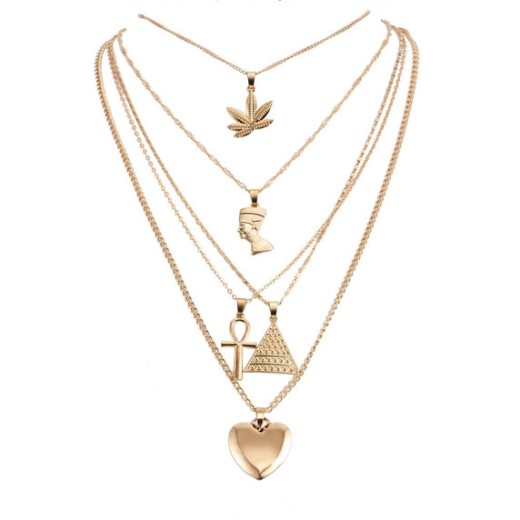 Womens Queen Personality Peach Heart Cross Pyramid Weed Leaf African Egypt Multilayer Necklace Set