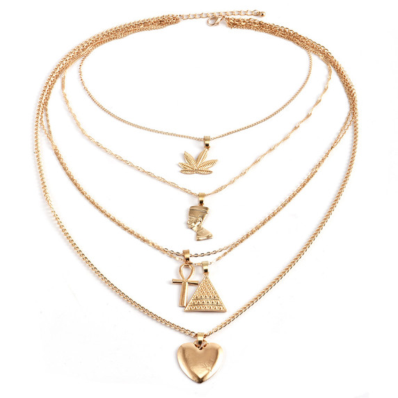 Womens Queen Personality Peach Heart Cross Pyramid Weed Leaf African Egypt Multilayer Necklace Set