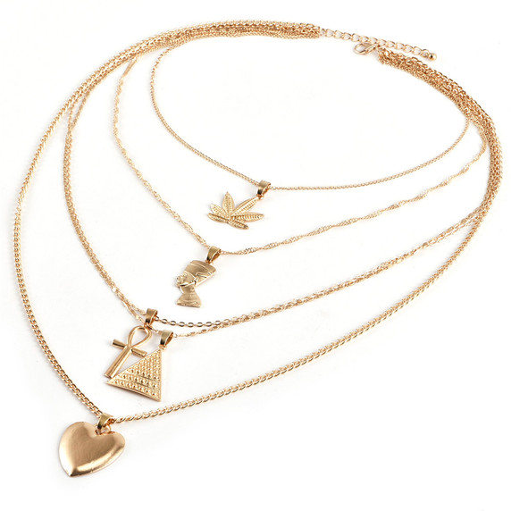 Womens Queen Personality Peach Heart Cross Pyramid Weed Leaf African Egypt Multilayer Necklace Set