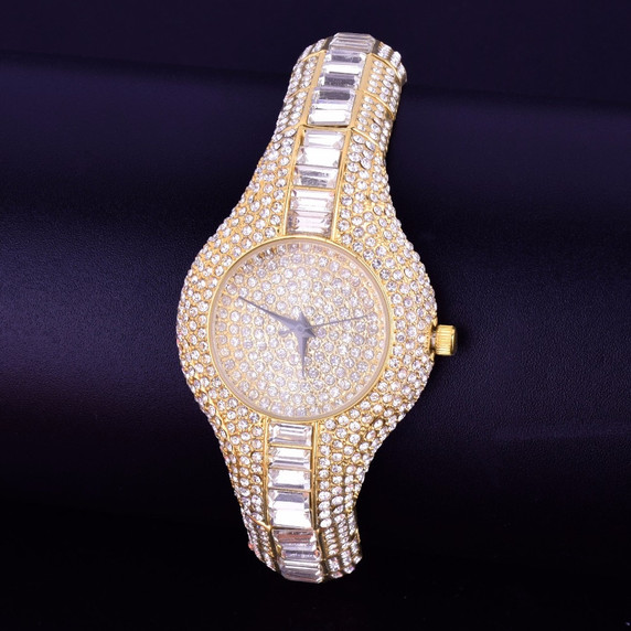 Ladies Lab Diamond Luxury Candy Baguette Iced Gold Stainless Steel Bling Watch 