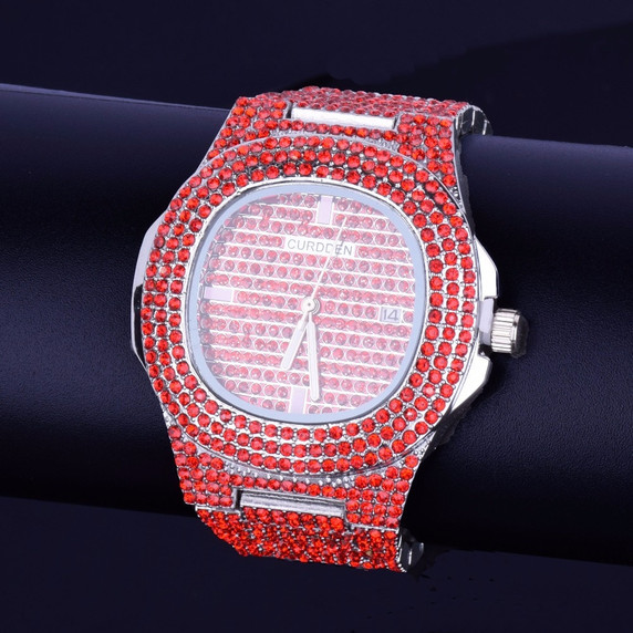 Red Lab Diamond Iced Faced Silver Stainless Steel Luxury Bling Wristwatch