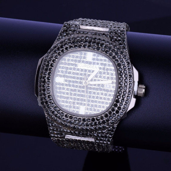 Black Lab Diamond Iced Faced Silver Stainless Steel Luxury Bling Wristwatch