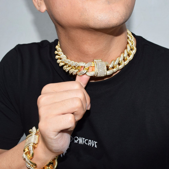 Miami Cuban Link 23mm 24k Gold Silver Rose Gold Hip Hop Chain Bracelet Set