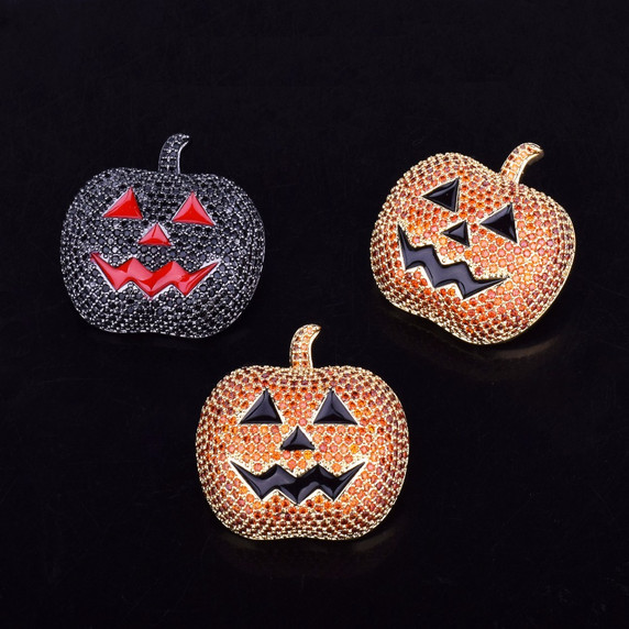 Orange Red Eyed Halloween Pumpkin Simulated Diamond Bling Pendant