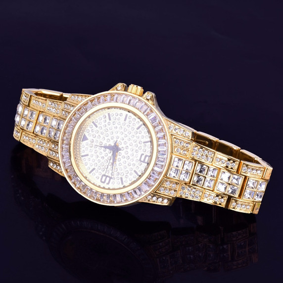 Lab Diamond Luxury Baguette 14k Gold Stainless Steel Bling Watch Cuban Link Bracelet Set