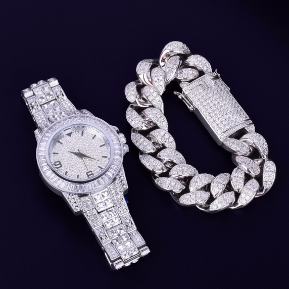 Flooded Ice Simulate Diamond Luxury Baguette Silver Stainless Steel Bling Watch Cuban Link Bracelet Set