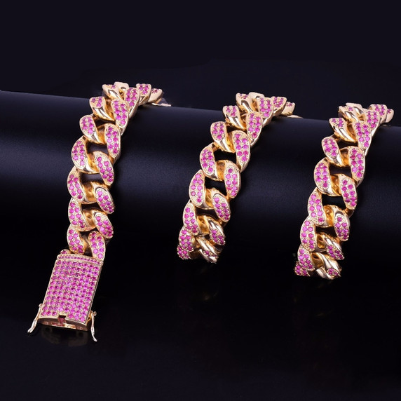 Iced Pink Blinged Out Micro Pave Stone Miami Cuban Link Chain Necklace
