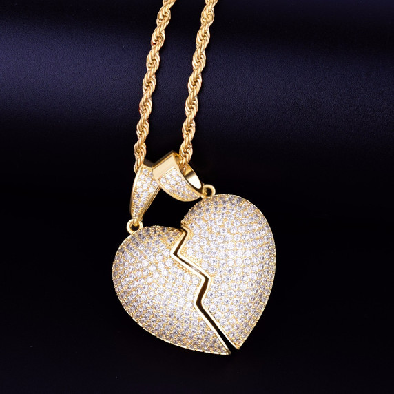 Couples Heart Hip Hop AAA True Micro Pave 18k Gold .925 Silver Detachable Pendant Chain Necklace