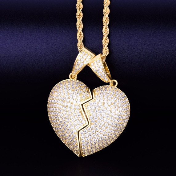 Couples Heart Hip Hop AAA True Micro Pave 18k Gold .925 Silver Detachable Pendant Chain Necklace