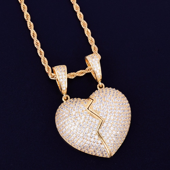 Couples Heart Hip Hop AAA True Micro Pave 18k Gold .925 Silver Detachable Pendant Chain Necklace