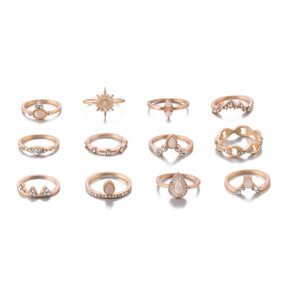 Ladies 12Pcs Bohemian Crystal Queen Water Drop Gold Crystal Ring Set