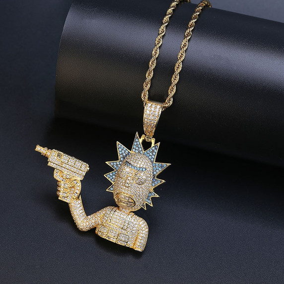 Iced AAA True Micro Pave  Gold Silver Morty Hip Hop Pendant Chain Necklace