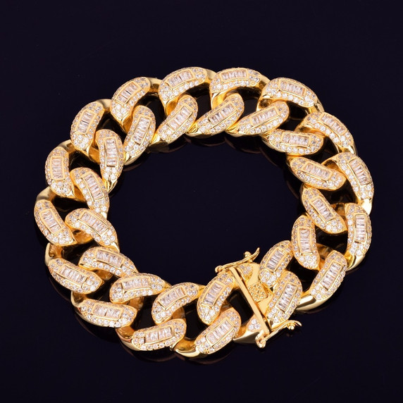 24k Gold Baguette 3AAA Miami Cuban Link Chain Bracelet Hip Hop Jewelry Set