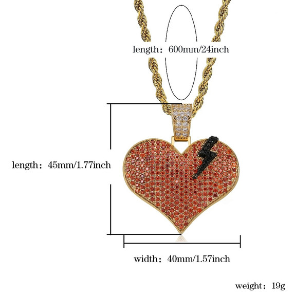 Iced Red Blinged Out 3A Stone 14k Gold Broken Heart Lightning Bold Pendant Chain Necklace