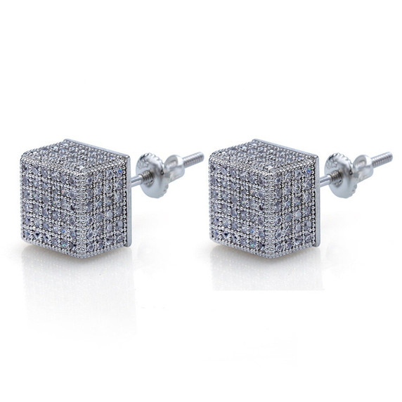 14k Gold Silver Flooded Ice AAA Micro Pave 8mm Square Stud Hip Hop Earrings