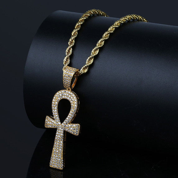 Hip Hop New Style 14k Gold Silver Ankh Cross AAA Micro Pave Pendant Chain Necklace