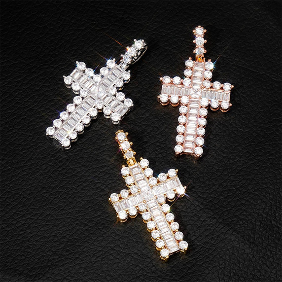 Mini Baguette Paved 14k Rose Gold Silver Hip Hop Cross Pendant Chain Necklace