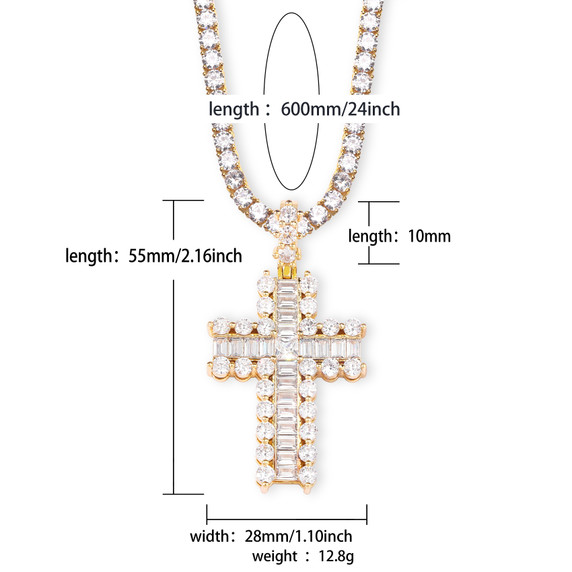 Mini Baguette Paved 14k Rose Gold Silver Hip Hop Cross Pendant Chain Necklace