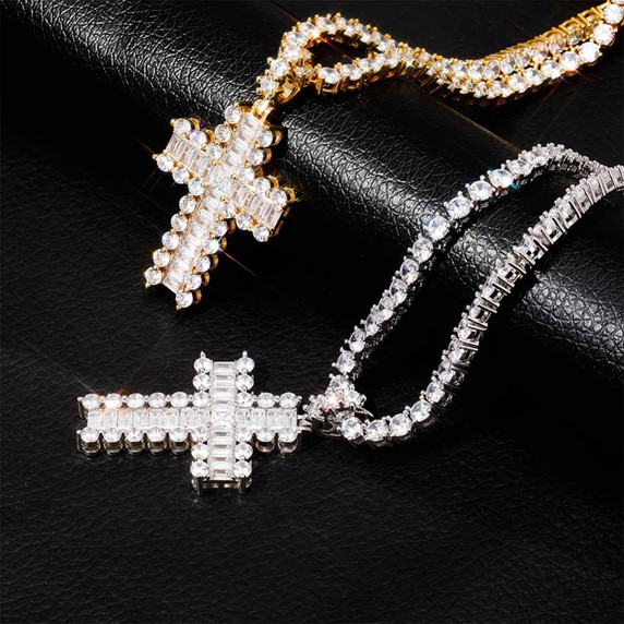 Mini Baguette Paved 14k Rose Gold Silver Hip Hop Cross Pendant Chain Necklace