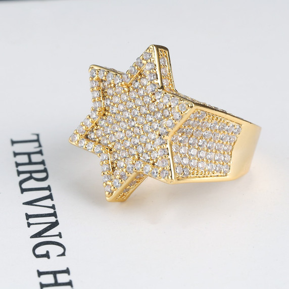 14k Gold Silver Flooded Iced Deep Set Hexagon Rap Star Hip Hop Rings 