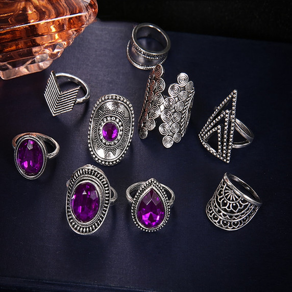 Ladies Personality Girl 9 Piece Triangle Arrow Sun Gemstone Crystal Silver Ring Jewelry Set