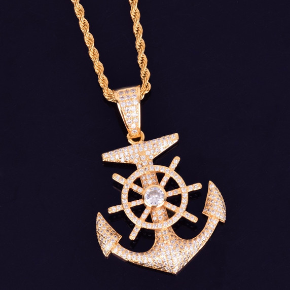 .925 Silver 18k Gold Nautical Anchor Cross Flooded Ice Hip Hop Pendant Chain Necklace