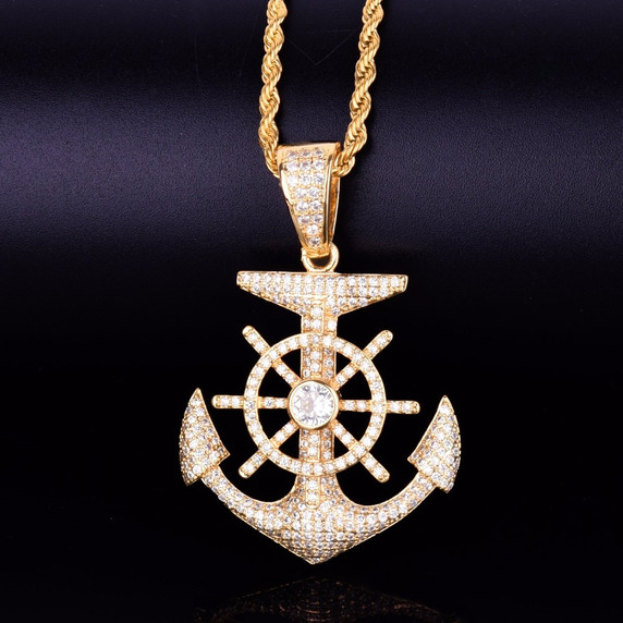 18k Gold Flooded Ice Anchor Cross Chain Necklace