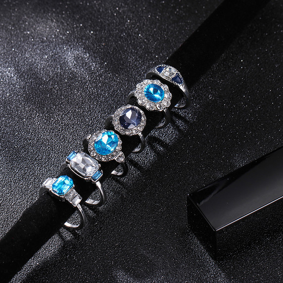 11 Piece Delicate Luxury Women Blue Crystal Water Drop Flower Ring Jewelry Set 