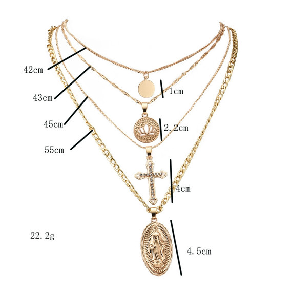 Womens Crystal Cross Lotus Virgin Mary Multilayer Gold Pendant Clavicle Chain Choker Necklace Set