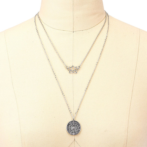 Ladies Bohemian Lotus Compass Silver Multilayer  Retro Chain Long Necklace