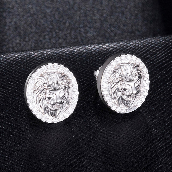 AAA Micro Paved King Lion Head Flooded Ice 14k Gold Bling Earrings