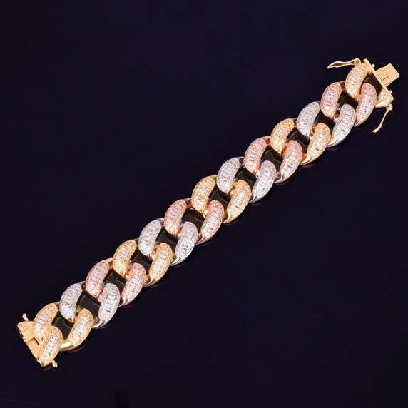 24k Gold Rose Gold Silver Flooded Ice 22mm Colorful Baguette AAA Stone Miami Cuban Link  Bracelet