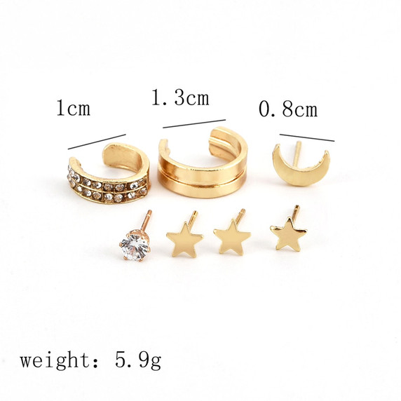 Ladies 7 Piece Classic Gold Stars Moon Crystal Stud Earrings Fashion Set