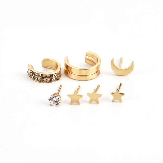 Ladies 7 Piece Classic Gold Stars Moon Crystal Stud Earrings Fashion Set