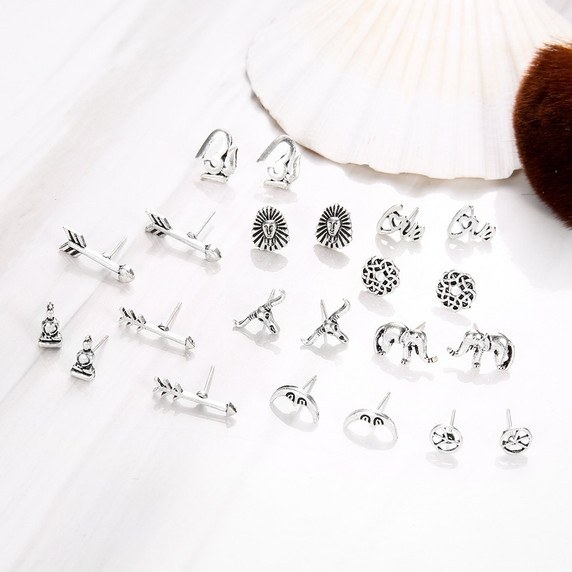 Boho Fashion 11 Pair Retro Moon Elephant Buddha Flower Arrow Delicate Silver Earrings Silver Set