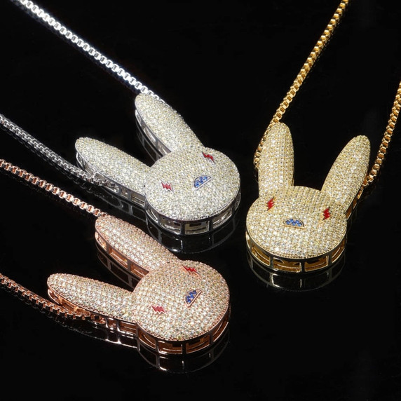 Miami Bad Bunny AAA Micro Pave Hip Hop 14k Gold Silver Rose Gold Pendant Chain Necklace