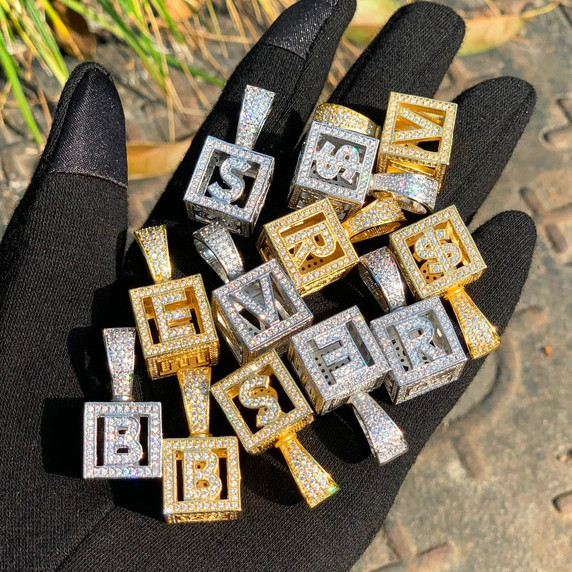 18k Gold .925 Silver Baby Block Square Flooded Ice Initial Letter AAA Micro Pave Pendant Chain Necklace