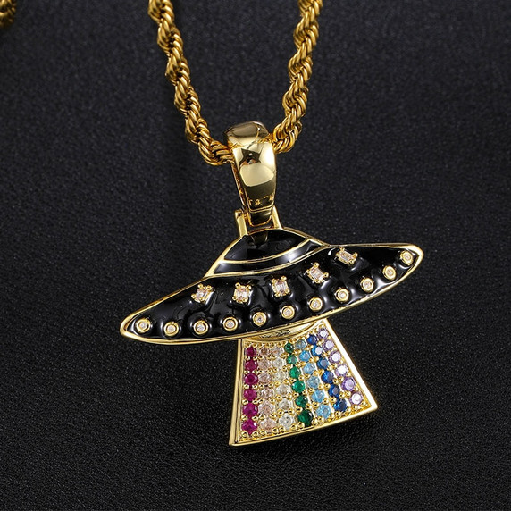 18k Gold AAA Micro Paved Colorful UFO Alien Hip Hop Pendant Chain Necklace