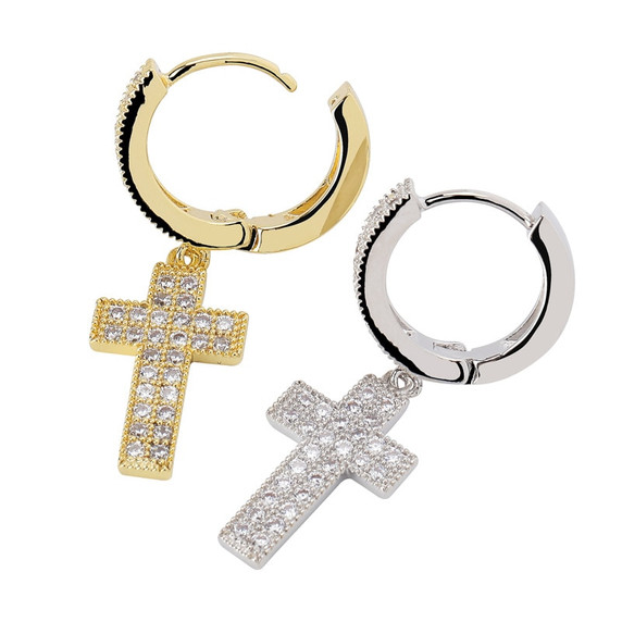 Bling True AAA Micro Pave Stone Cross Crucifix Hip Hop Earrings