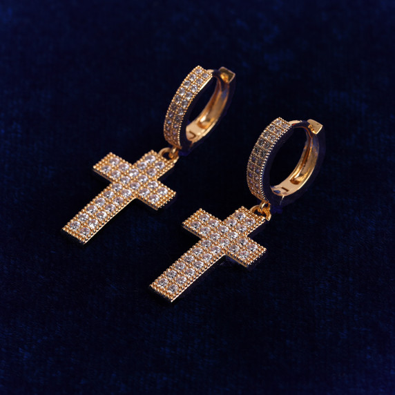 Bling True AAA Micro Pave Stone Cross Crucifix Hip Hop Earrings