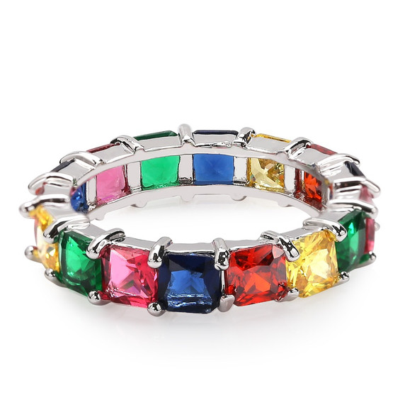 Silver 14k Gold 1 Row Colorful Solitaire Princess Cut Square AAA Stone Ring