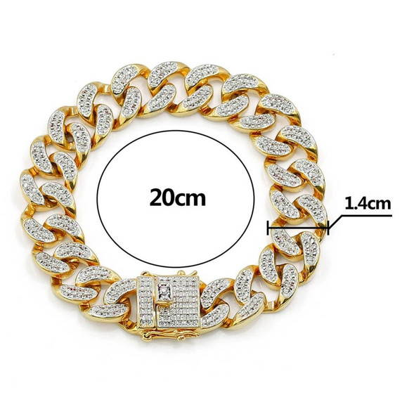Hip Hop 14mm AAA True Micro Pave Flooded Ice Gold Silver Cuban Link Bracelet
