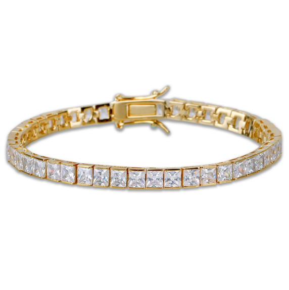 Princess Cut AAA 4mm Flooded Ice 14k Gold .925 Silver Bling Square Tennis Bracelet 