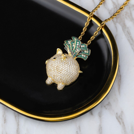 Money In The Bang Little Pig Piggy Bank Dollars Hip Hop Pendant Chain Necklace