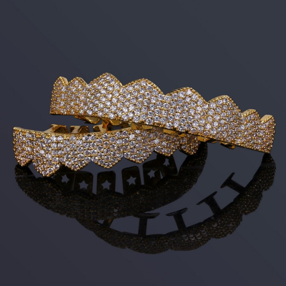 Fit AAA True Micro Pave 14k Gold 925 Silver Hip Hop Teeth Grillz Set Top & Bottom Teeth Grills