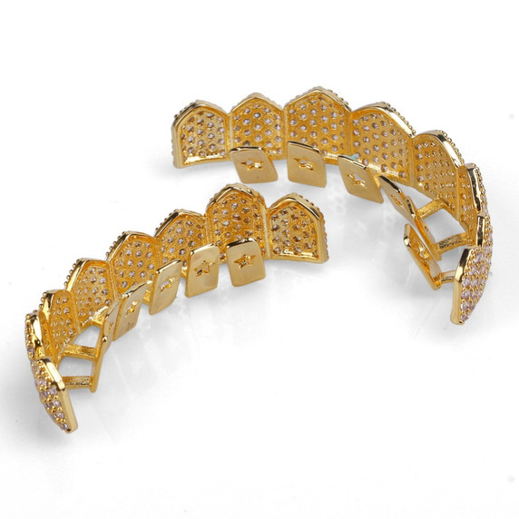 Custom Fit AAA Micro Pave 14k Gold 925 Silver Hip Hop Teeth Grillz Set Top & Bottom Teeth Grills 